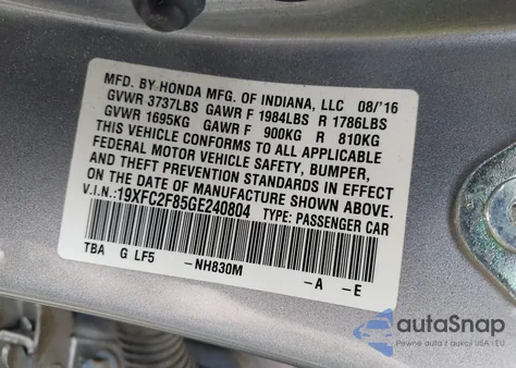 2016 Honda Civic Ex z USA, uszkodzony, nr VIN 19XFC2F85GE240804